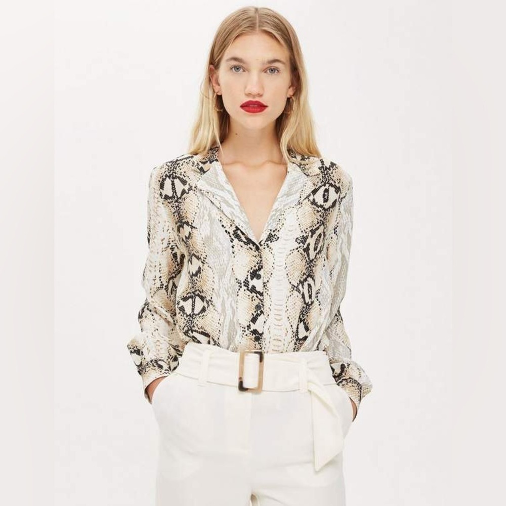 Topshop Snakeskin Print Button Up Shirt Blouse Cream and Black Size 6